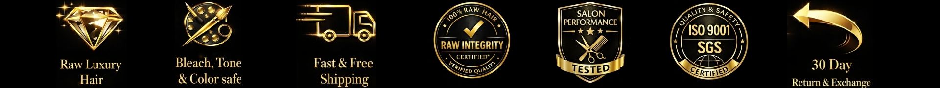 BaddiezInc Certifications — Raw Luxury Hair · Bleach, Tone & Color Safe · Fast & Free Shipping · Raw Integrity Verified · Salon Performance Tested · ISO 9001 SGS Certified · 30 Day Return & Exchange